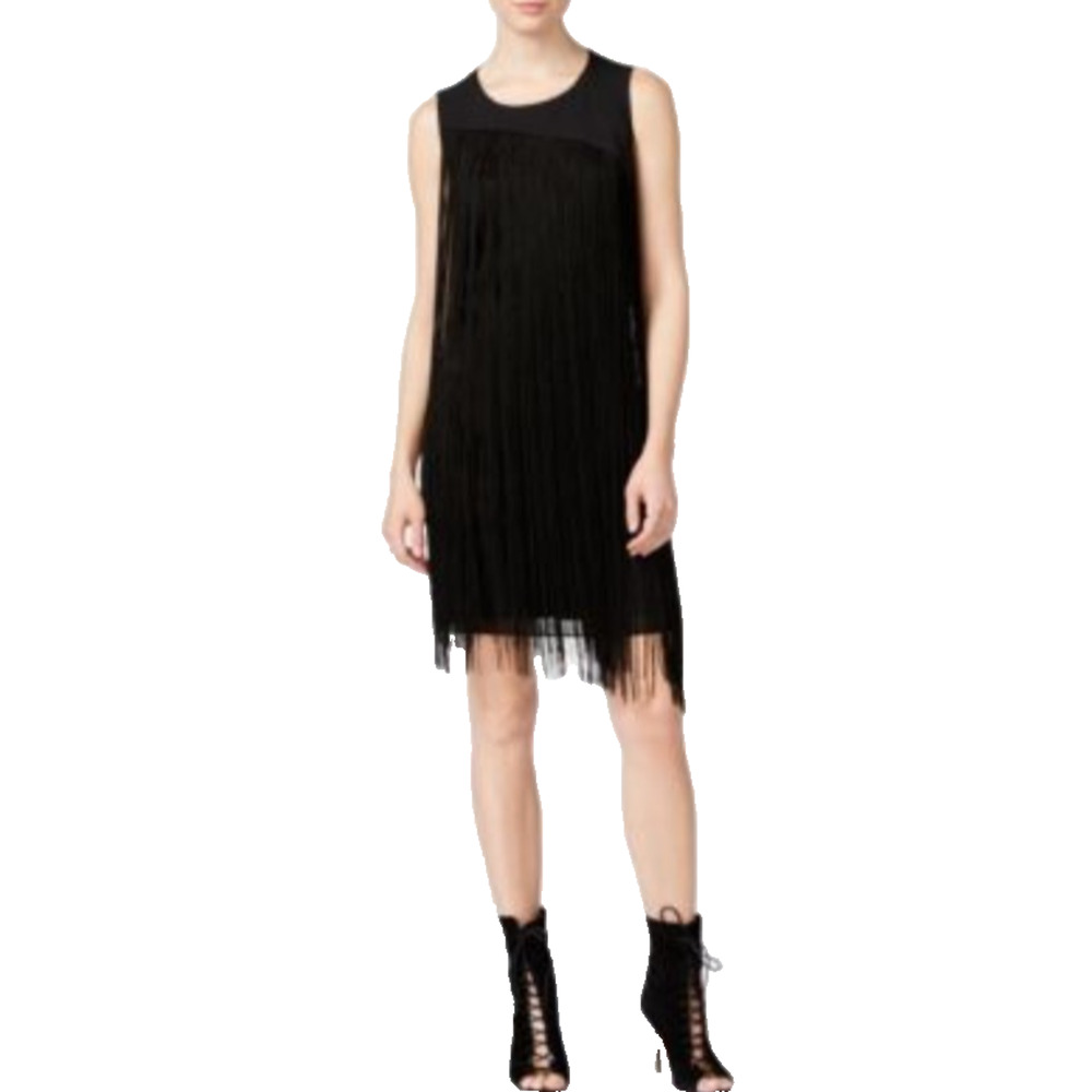 Rachel Roy Black Fringe Asymmetrical Dress Flapper Art Deco Gatsby Glam‎ Small